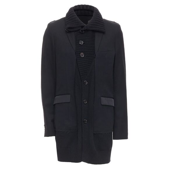 Undercover black wool alpaca rib trim layered long coat